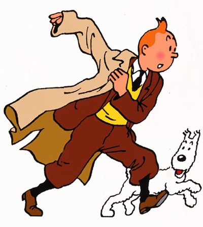 Cartoon character, Tintin, rushing and pulling on long over coat in mid-stride.  Snowy, his little white Bichon Frise dog is leaping at his heels. 