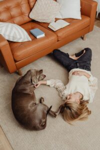 Older child laying on carpeted floor with large grey dog. Contemplating about what it might be like to pretend to be a dog.