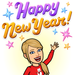 avatar emoji of blonde, white lady with red sweat and snowman logo waving, happy. Writing above in purple and yellow reads " Happy New Year" with blue and pink starts in background