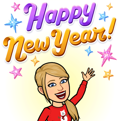 avatar emoji of blonde, white lady with red sweat and snowman logo waving, happy. Writing above in purple and yellow reads " Happy New Year" with blue and pink starts in background