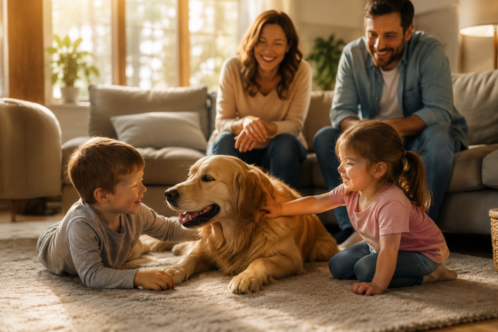Children playing with the family dog on the floor of their living room, while their parents look on, as they sit on the nearby sofa.