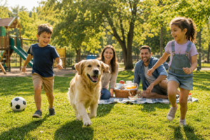 Family sitting on picnic blanket in park, with kids playing with family dog on grass