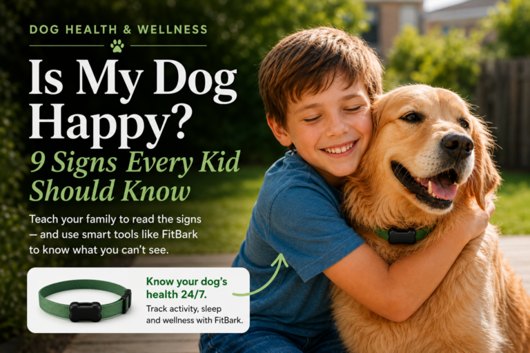 Child hugging Golden Retriever Dog, who has a biometric monitor on the dog collar. Inset to left corner, FitBark mention.