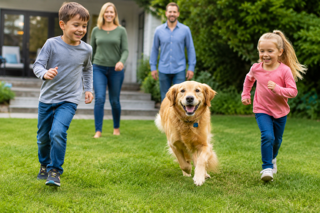 Family looks on as young kids run out into the yard with family dog following.