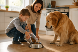 Child filling dog bowl with dry kibbles as his mother kneels beside him to assist.  Child is gaining a sense of autonomy as they care for living being that is dependant. 