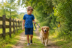  Boy walking with family dog on leash on a forest trail in a park setting. 