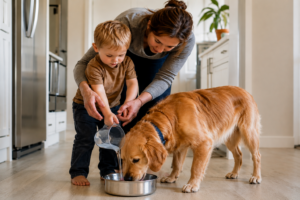 Mom helping toddler with family dog feeding