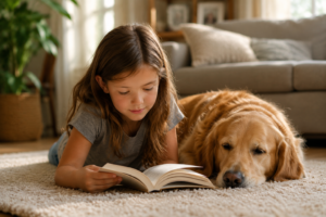 Child laying prone on floor with dog beside them.  Child is reading an open book as dog looks on. 