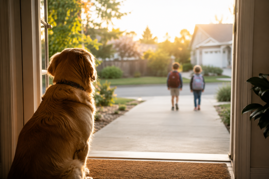 Golden retriever watching two children wearing backpacks walk to school on a sunny morning from the front doorway of a family home.
