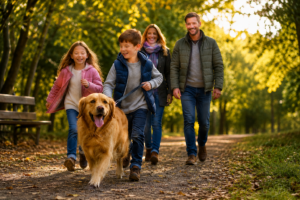 Golden Retriever enjoying a walk with parents and young children, showing why the breed is one of the best family dogs for busy families in 2026.