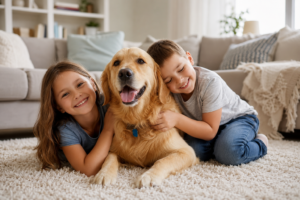 Golden Retriever relaxing with two young children, illustrating one of the best dog breeds for busy families in 2026.