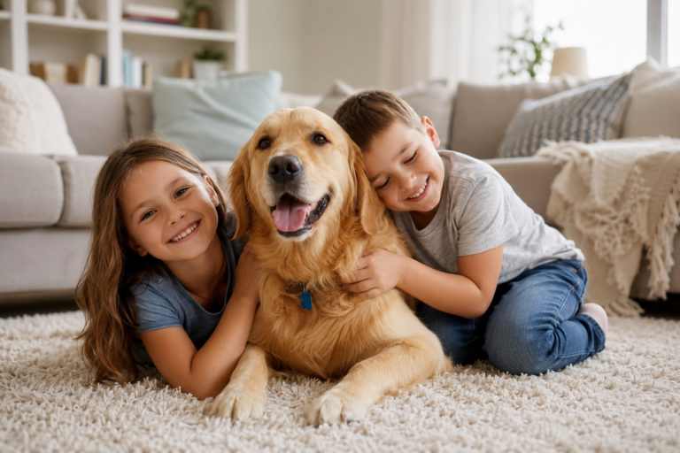 Golden Retriever relaxing with two young children, illustrating one of the best dog breeds for busy families in 2026.