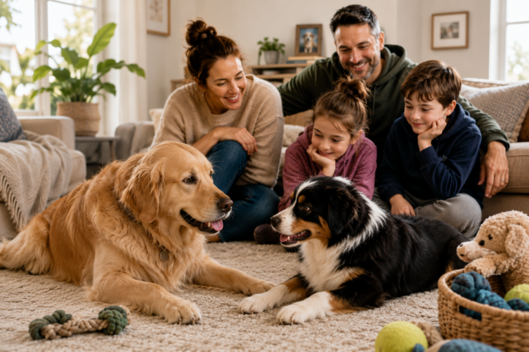 Two family dogs cautiously getting to know each other on a living-room rug while children watch calmly nearby.