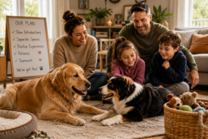 Parents and children follow a gradual plan while introducing a second dog at home, helping both dogs adjust through patience, separate spaces, and positive family involvement.