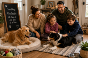 Parents and children calmly introduce a second dog into their home while both dogs relax separately, illustrating a gradual family approach to adding another dog.