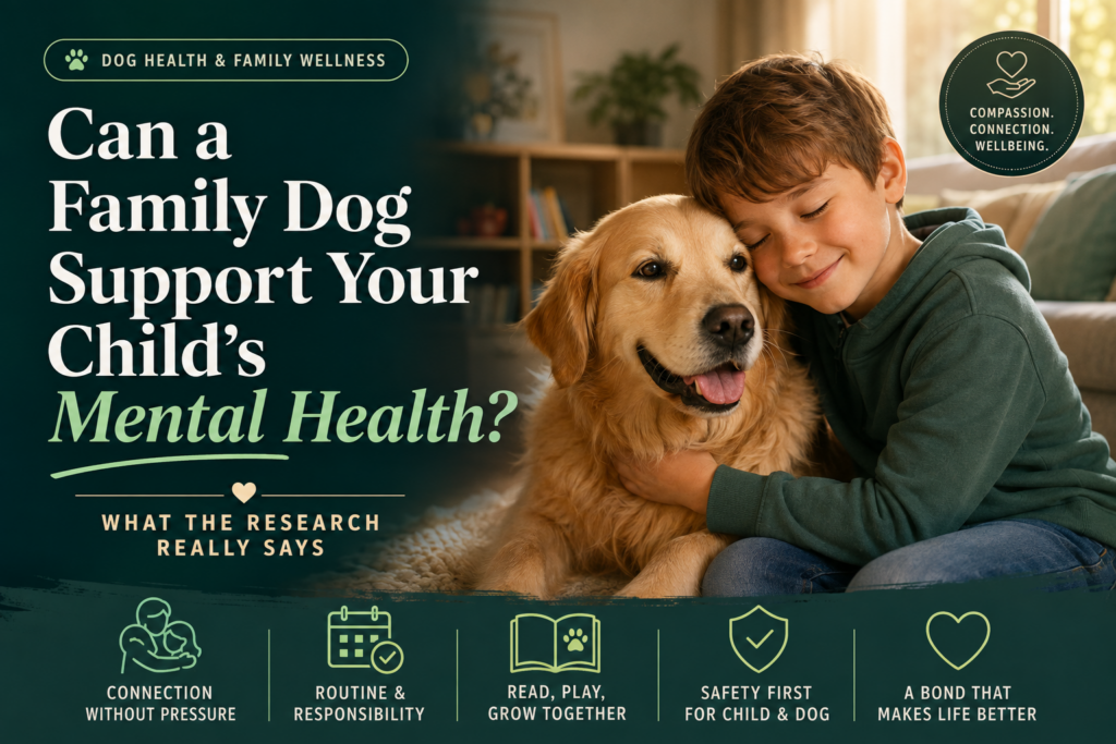 A young boy smiling with eyes closed while hugging a golden retriever indoors — exploring how a family dog can support a child's mental health and wellbeing
