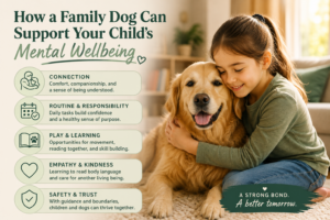Infographic showing five ways a family dog supports a child's mental wellbeing — connection, routine and responsibility, play and learning, empathy and kindness, and safety and trust — with a girl hugging a golden retriever