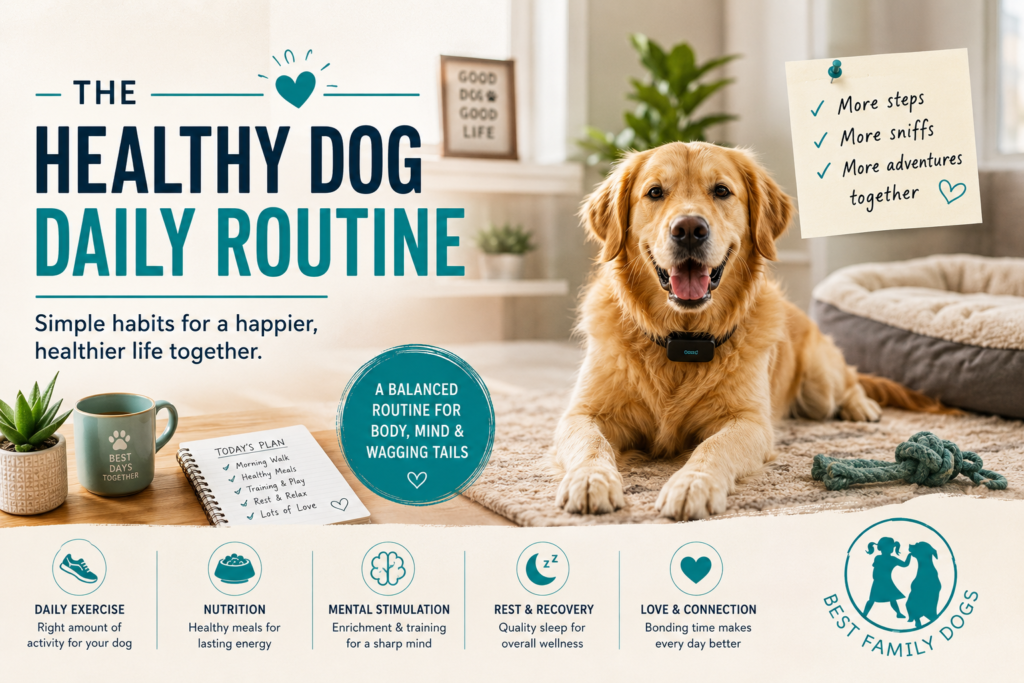 Healthy dog daily routine infographic showing daily exercise, nutrition, mental stimulation, rest, and love for overall dog wellness.
