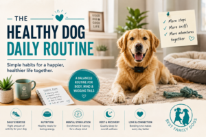 Healthy dog daily routine infographic showing daily exercise, nutrition, mental stimulation, rest, and love for overall dog wellness.