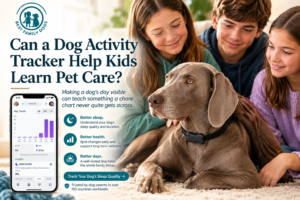 Three kids sitting with their family dog while a phone shows the dog's daily activity and sleep tracker data from a FitBark-style app.