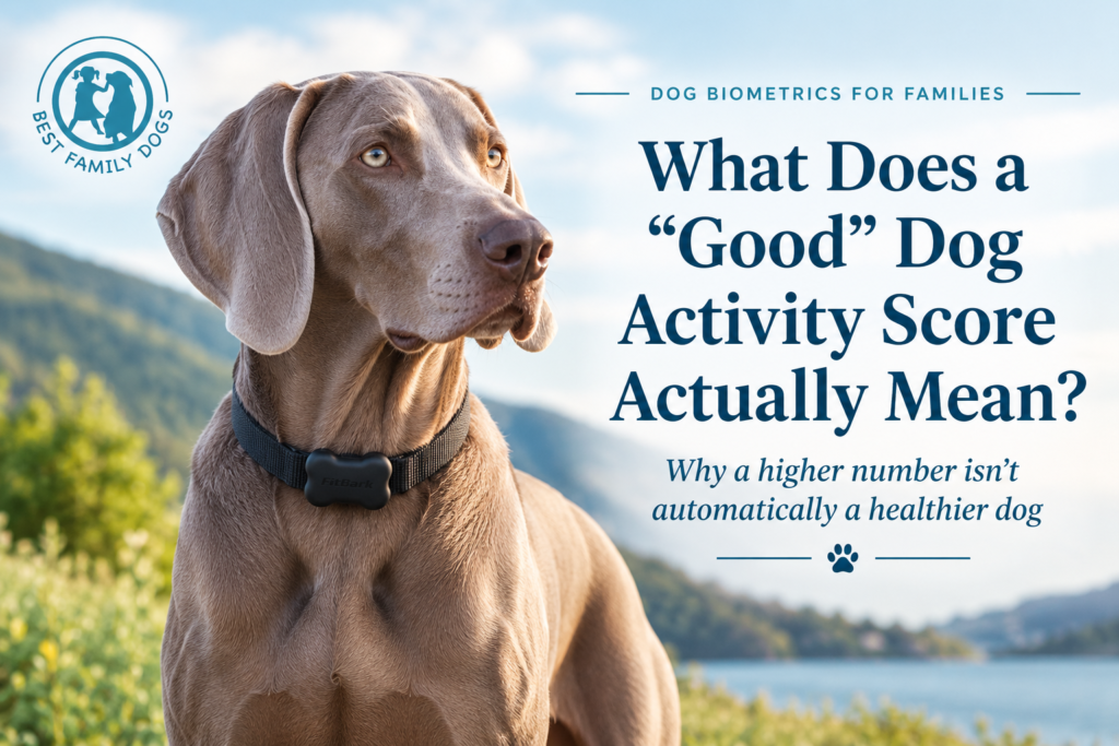 Silver Weimaraner wearing a bone-shaped activity tracker while sitting outdoors