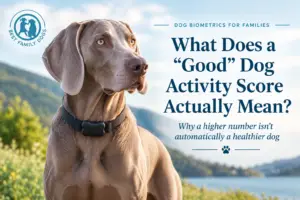 Silver Weimaraner wearing a bone-shaped activity tracker while sitting outdoors
