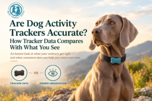 Weimaraner wearing an aqua bone-shaped dog activity tracker, illustrating dog activity trackers versus owner observation and how tracker data can help identify changes in a dog's activity over time.